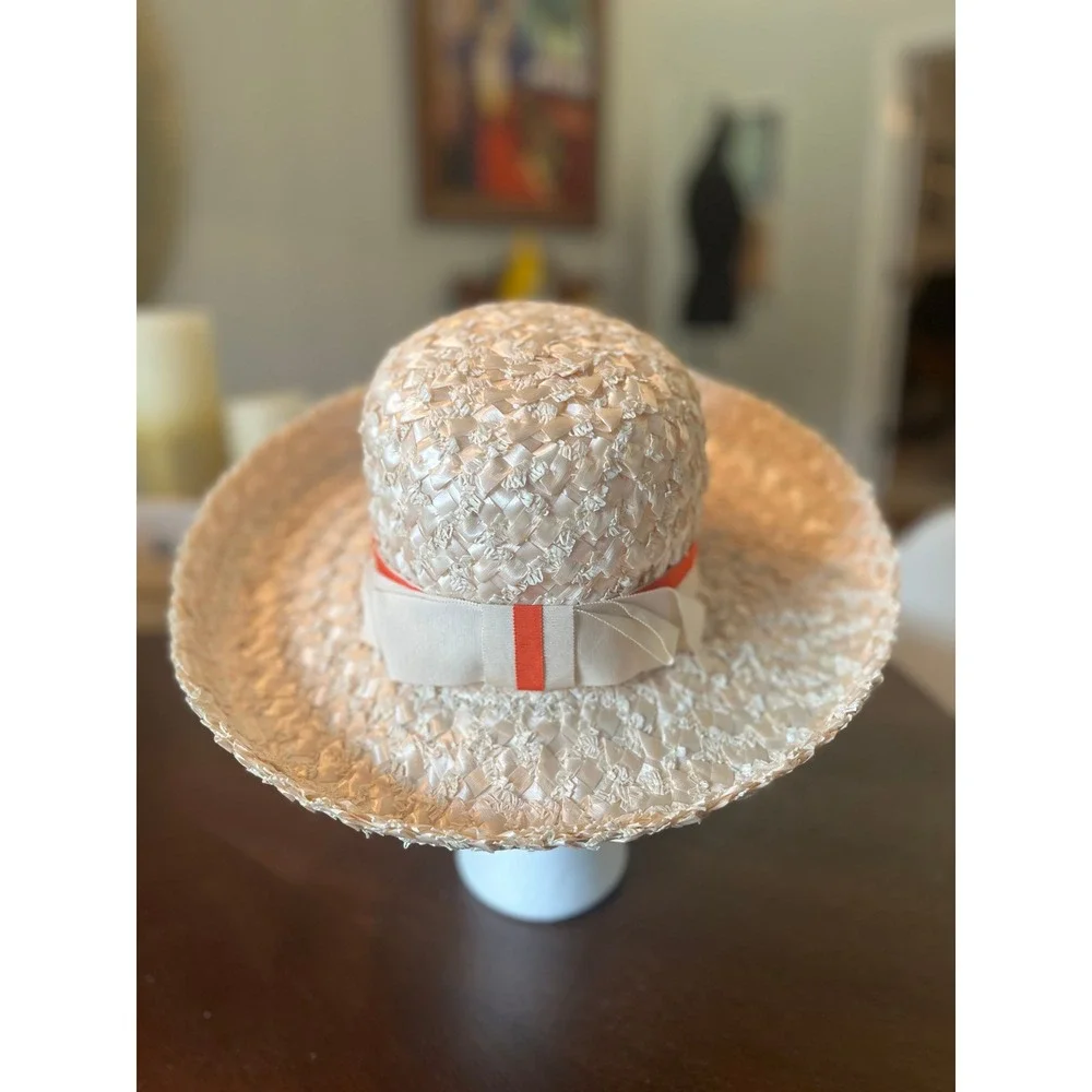 Belks Straw Sun Hat Womens 22 Cream Excellent Vintage 60s Wide Brim Ribbon Box